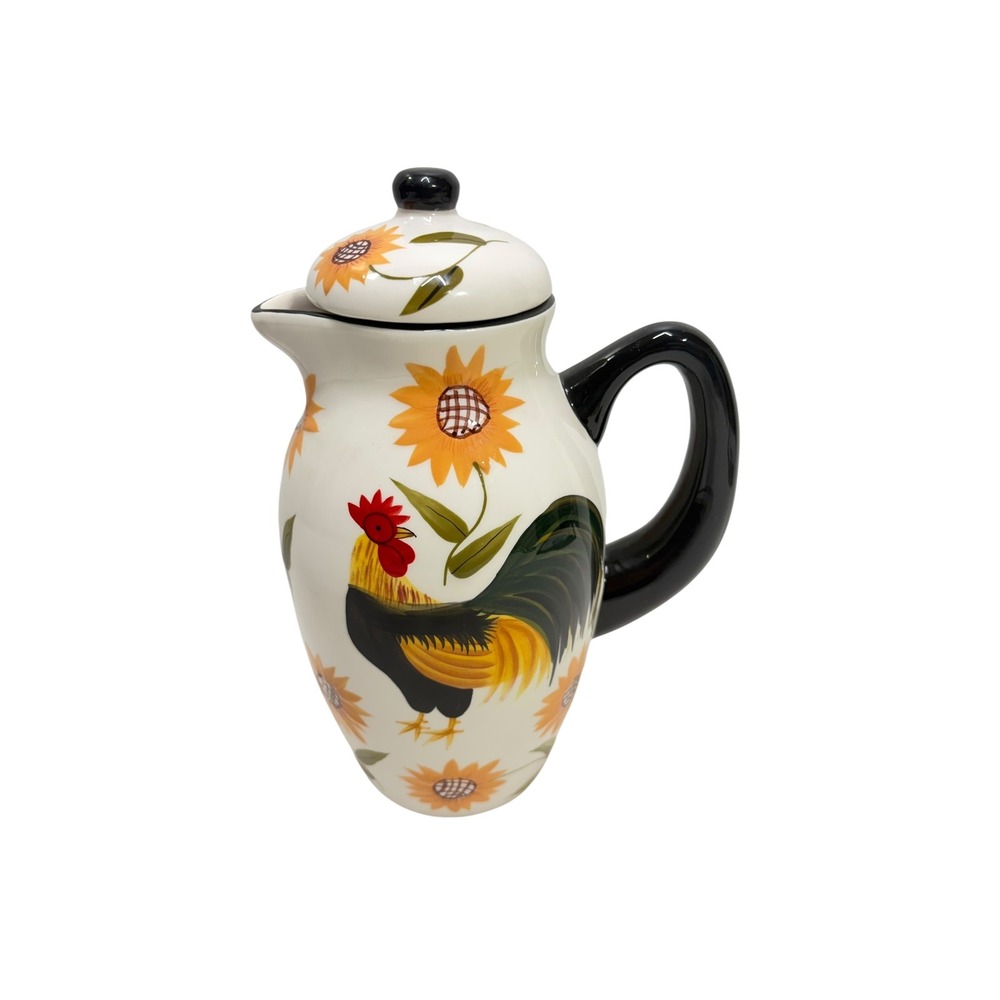 Casa Vero by ACK Hand Painted Rooster Sunflower Ceramic Pitcher with Lid 10 in